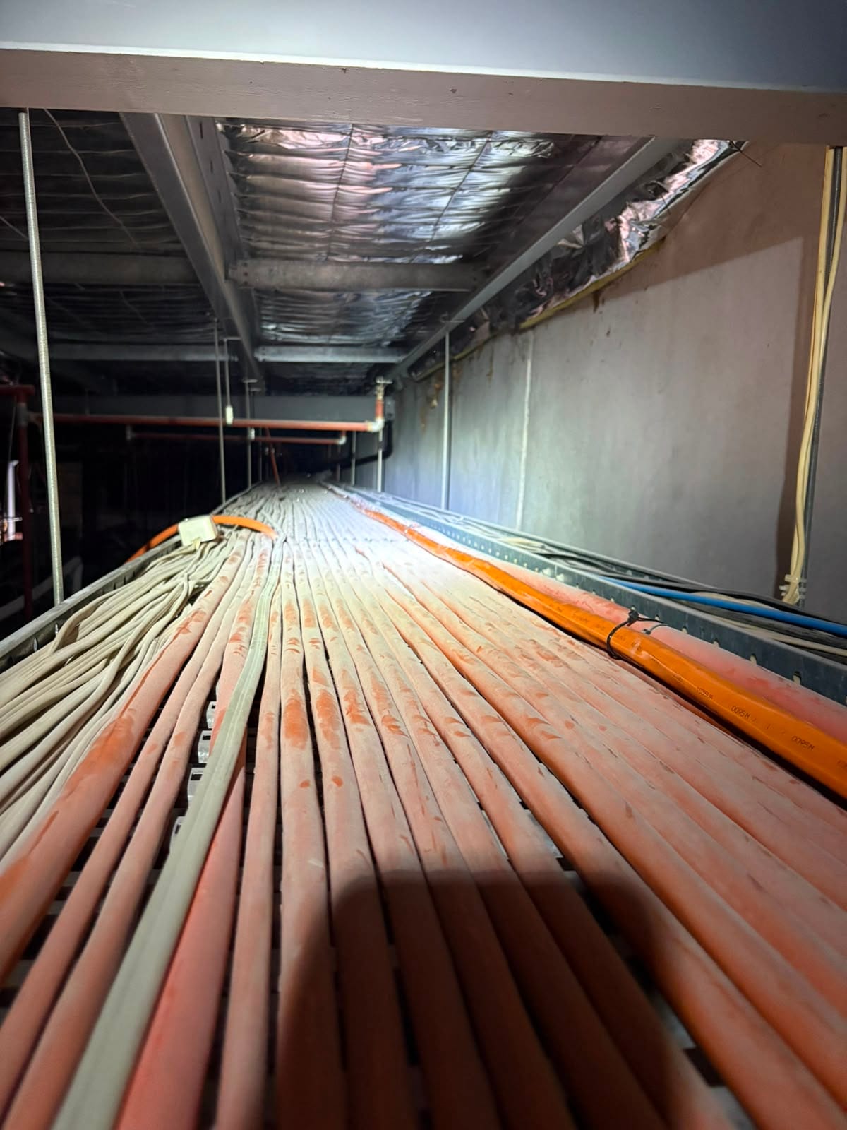 Commercial electrical installation by JEC: a dense cable tray packed with white and orange sub-main cables running through a ceiling void, with insulated ducting above.